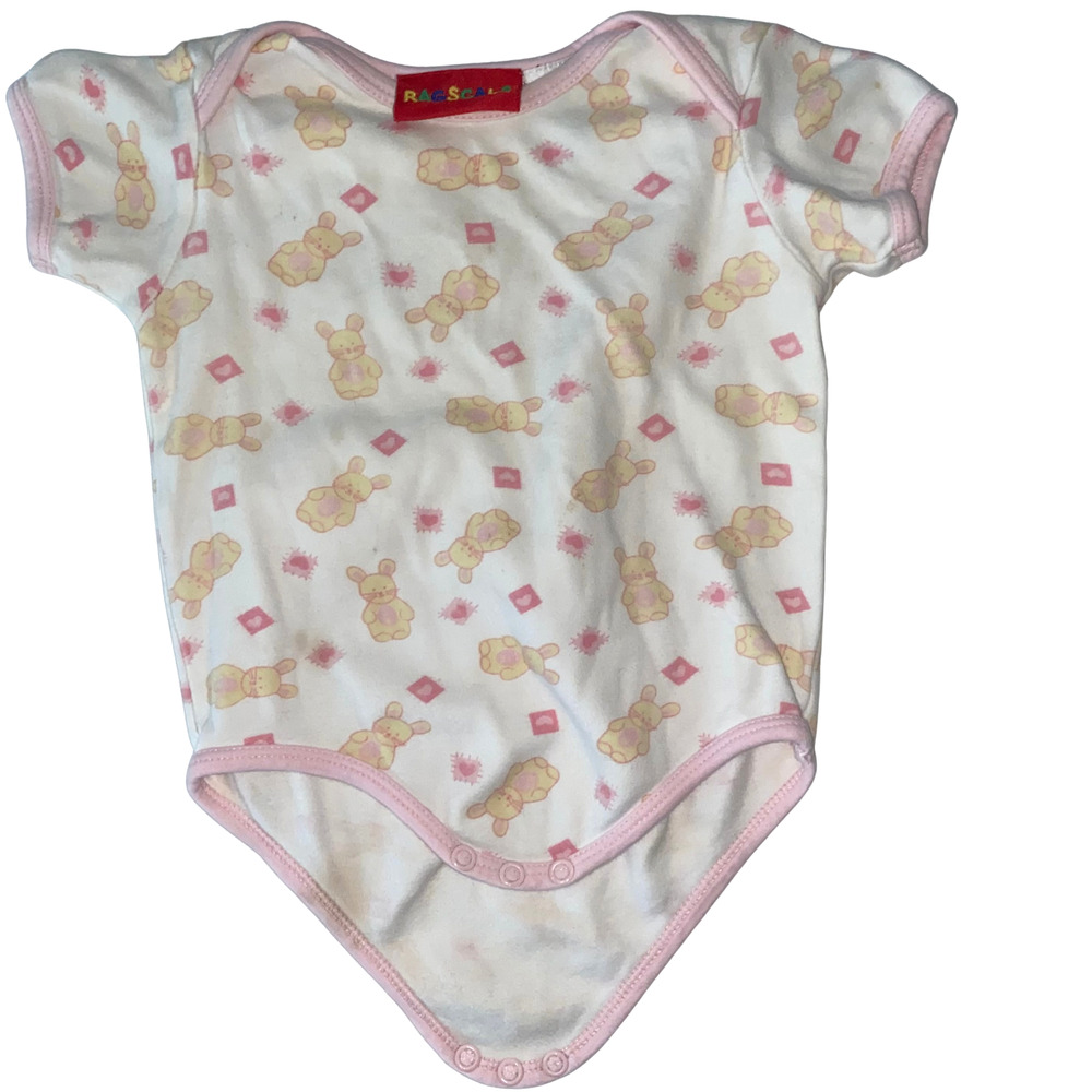 Vintage 90's Ragscals Baby Girl Pink One-Piece Romper 12 Months Bunnies & Hearts